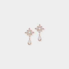 Pair of rose gold earrings with star and teardrop designs on a light gray background
