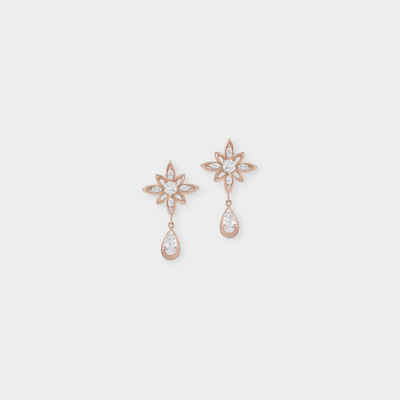 Pair of rose gold earrings with star and teardrop designs on a light gray background