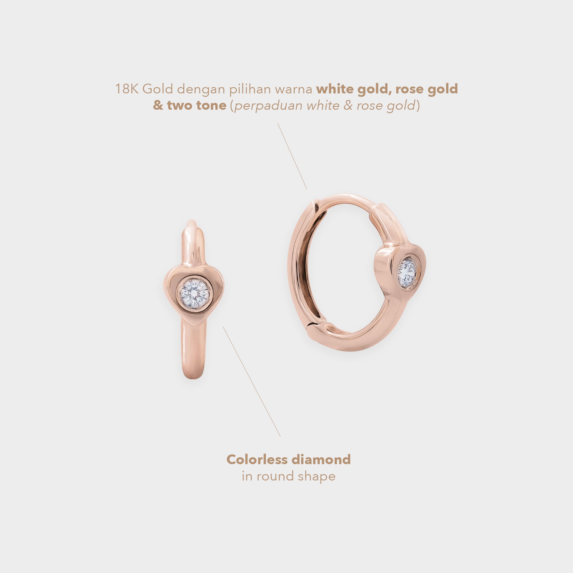 Rose gold earring with colorless diamond on a light gray background