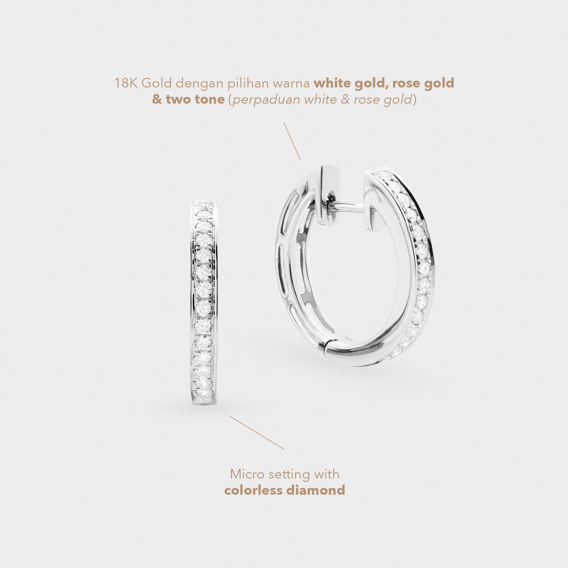 Pair of hoop earrings with diamond accents on a light gray background