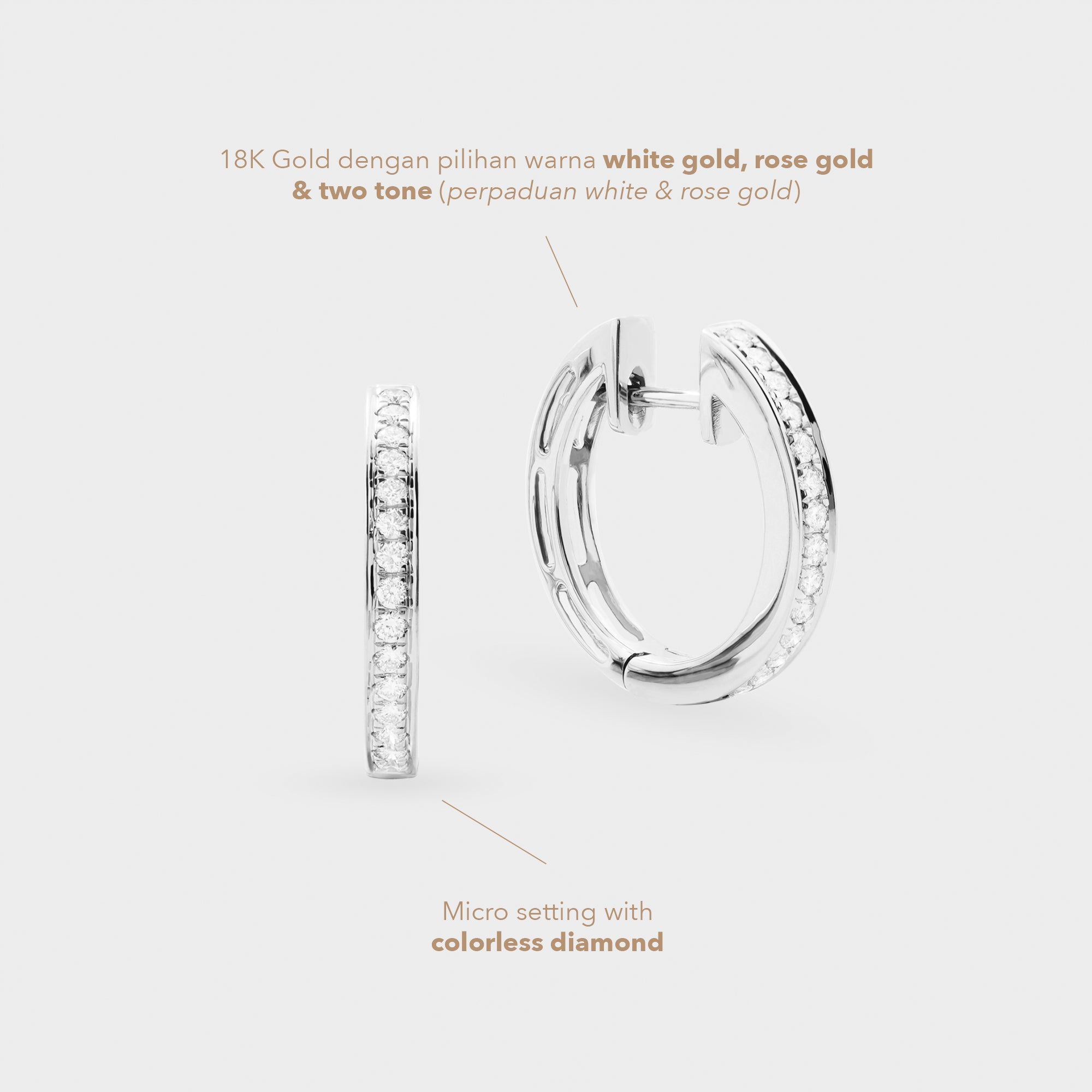 Pair of hoop earrings with diamond accents on a light gray background