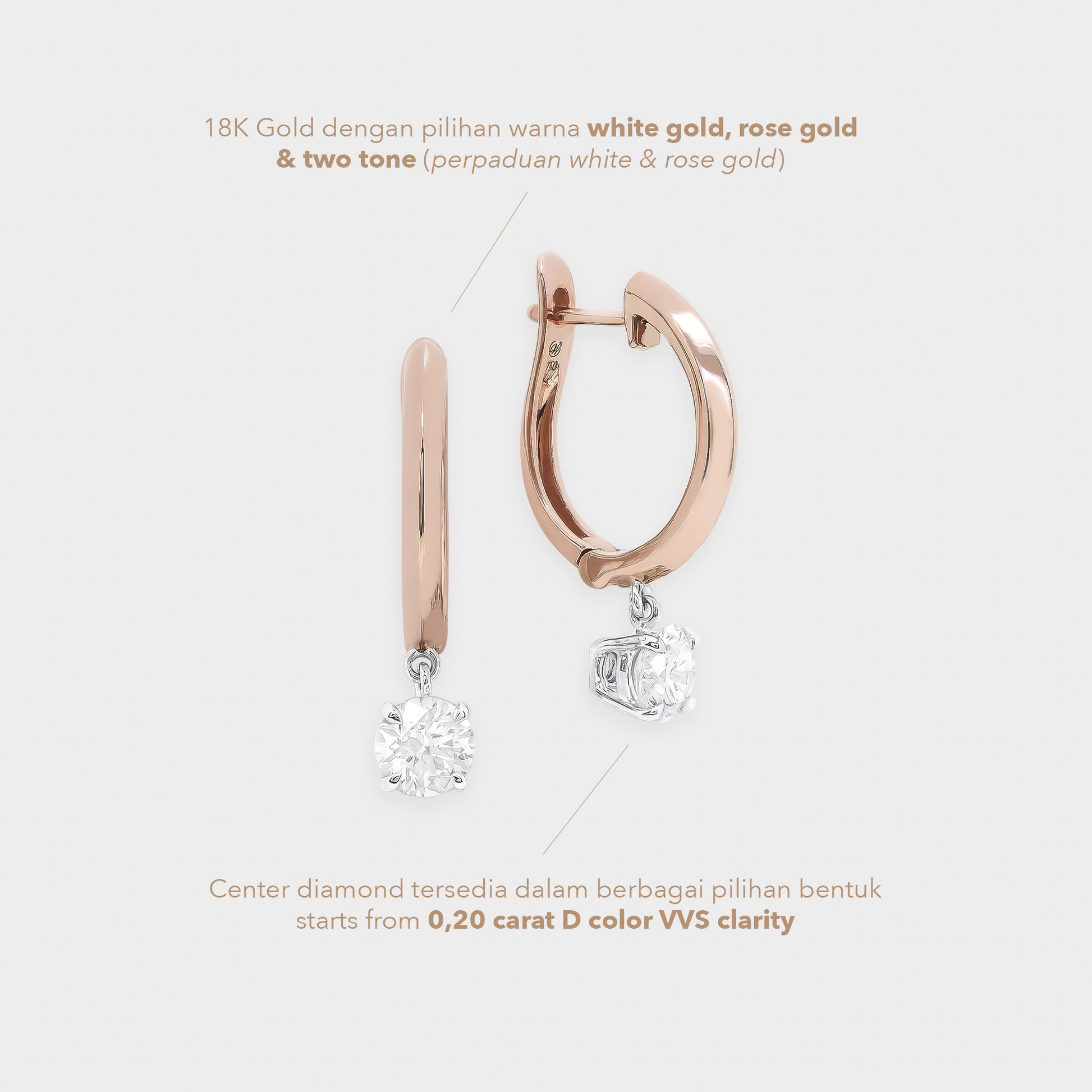 Rose gold hoop earrings with diamonds on a white background