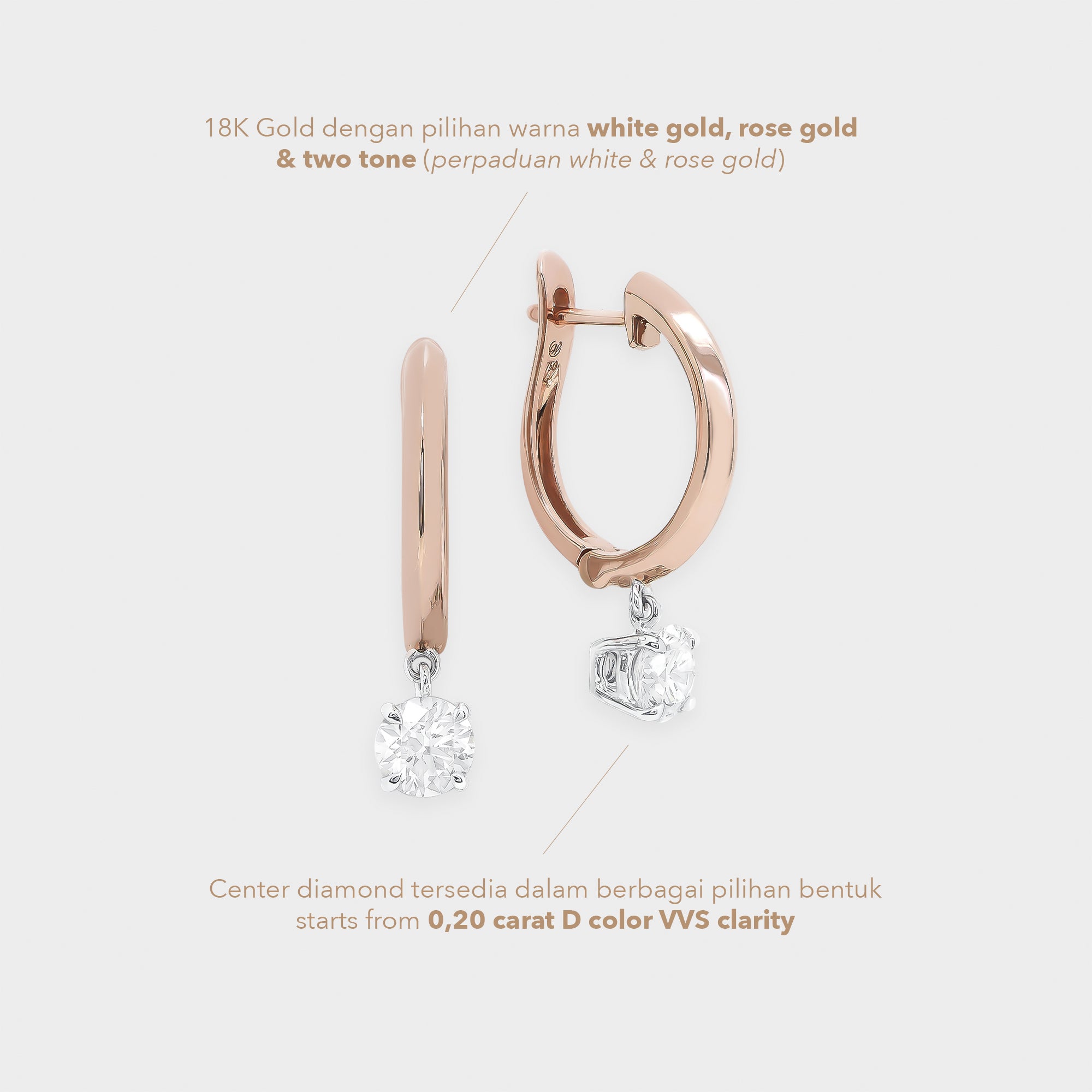 Rose gold hoop earrings with diamonds on a white background