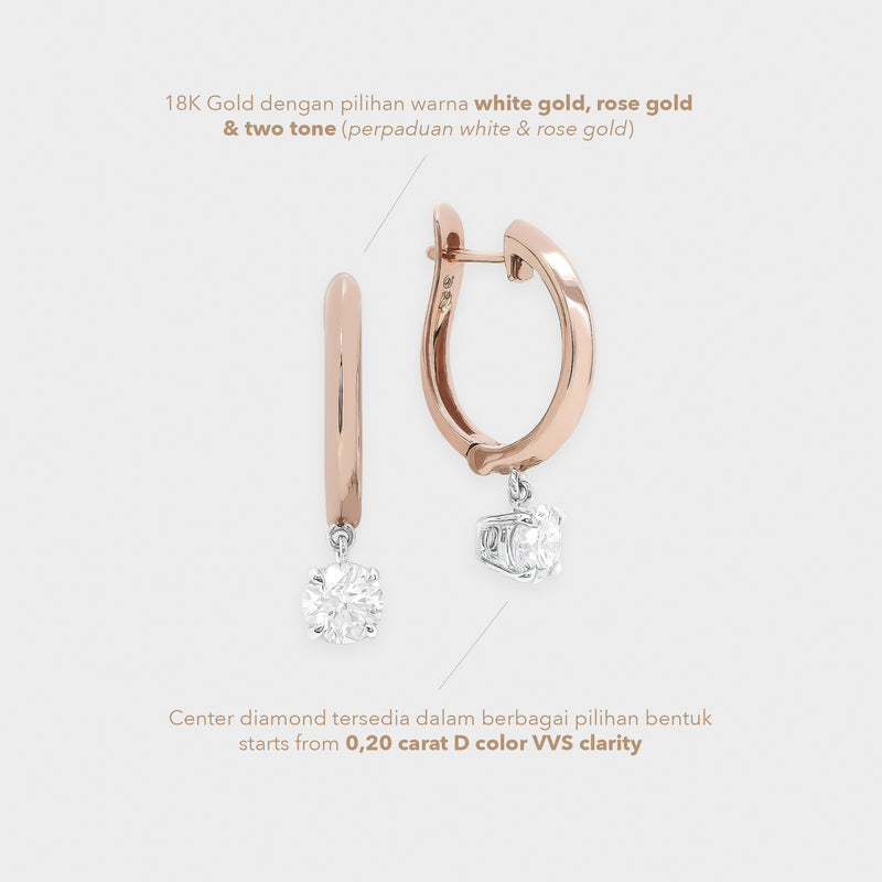Rose gold hoop earrings with diamonds on a white background