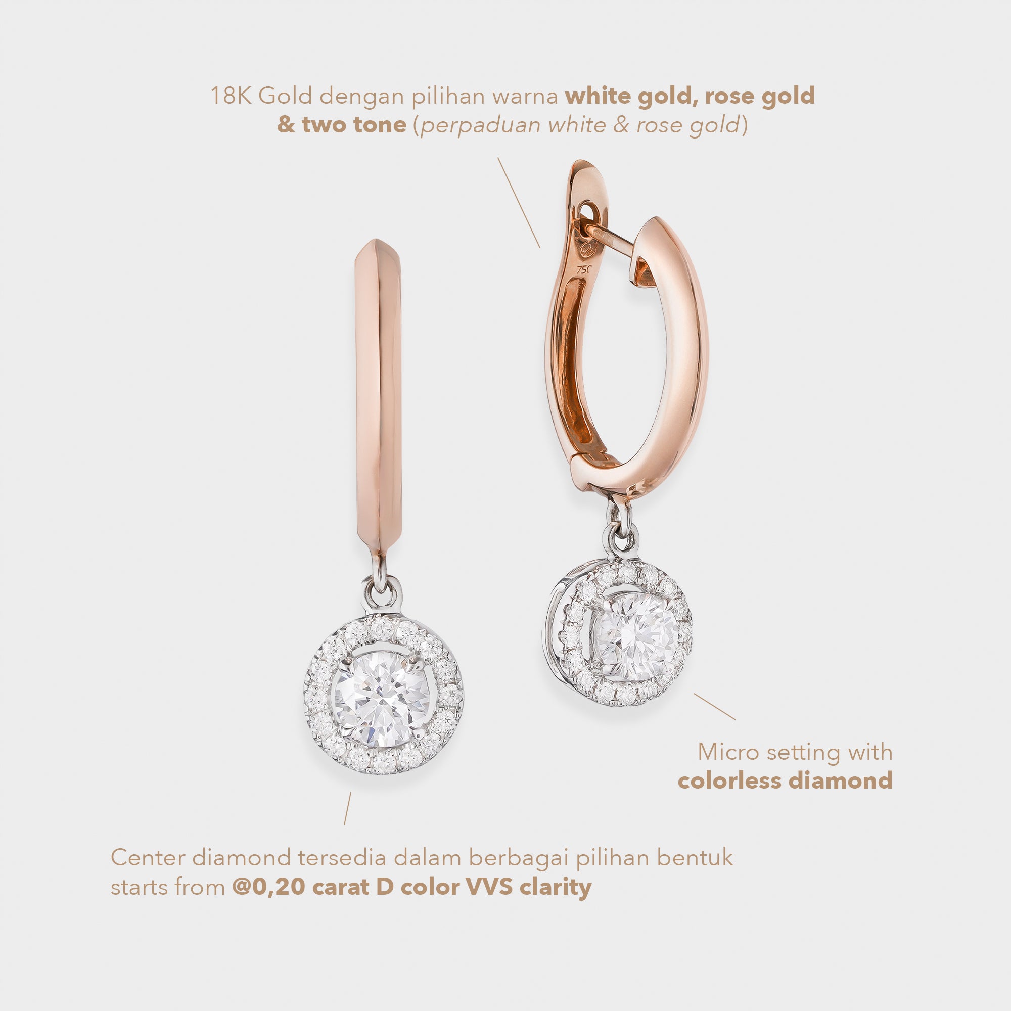 Rose gold hoop earrings with round diamond pendants on a light beige background.