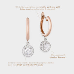Rose gold hoop earrings with round diamond pendants on a light beige background.
