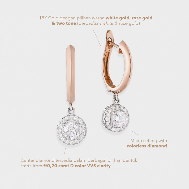 Rose gold hoop earrings with round diamond pendants on a light beige background.