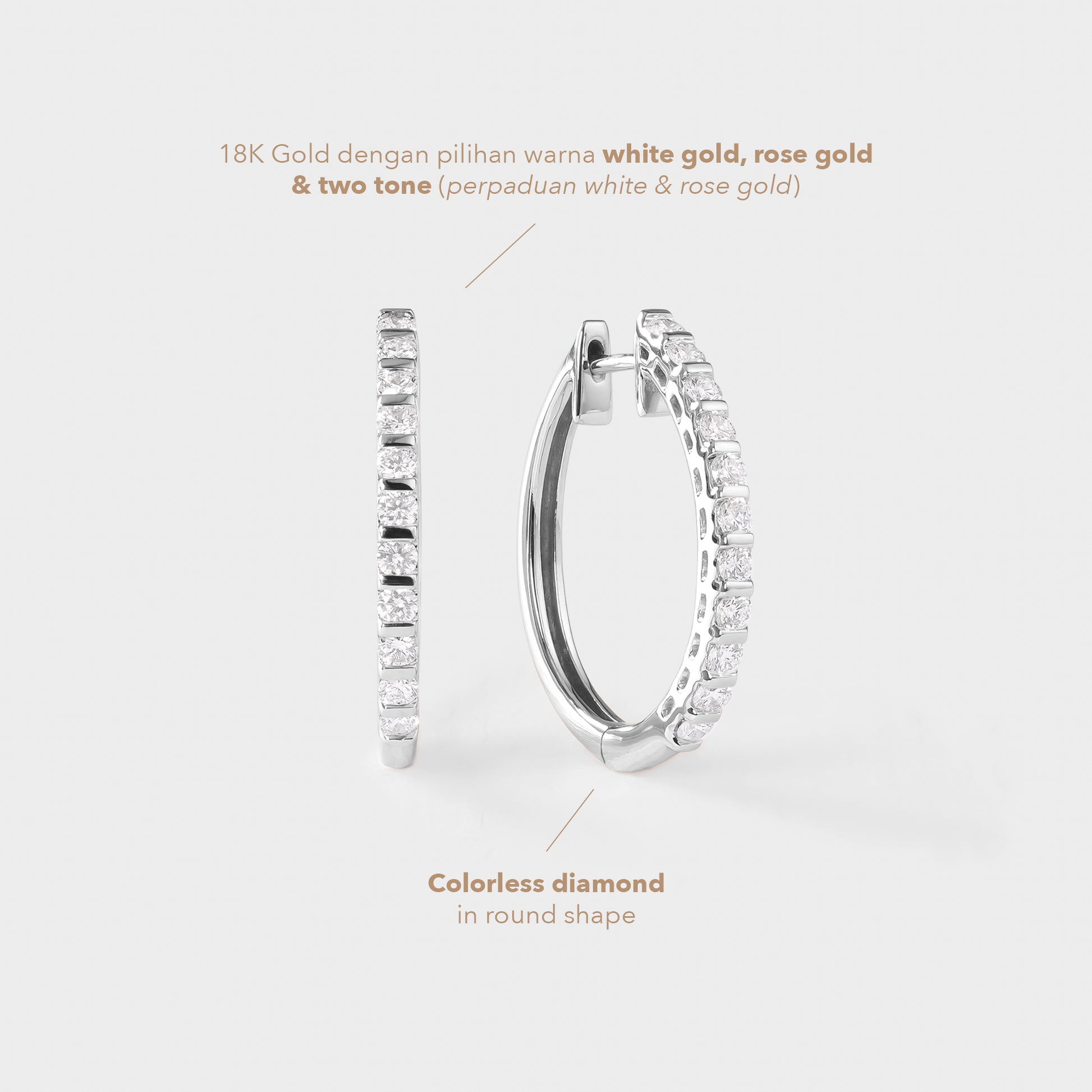 Pair of diamond hoop earrings on a light gray background with text about gold types and diamond shape.