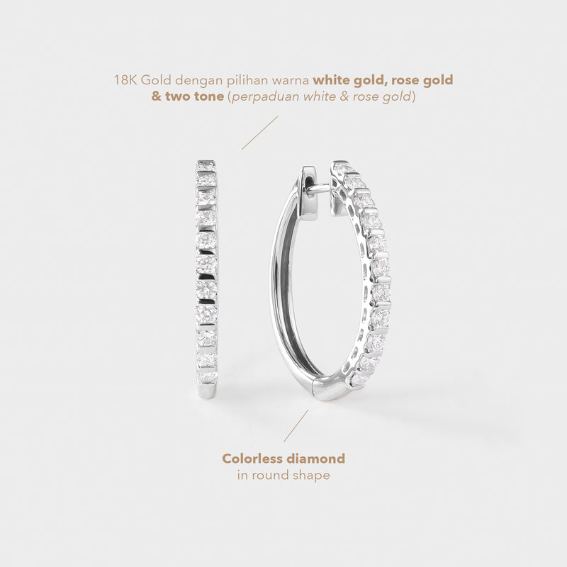 Pair of diamond hoop earrings on a light gray background with text about gold types and diamond shape.