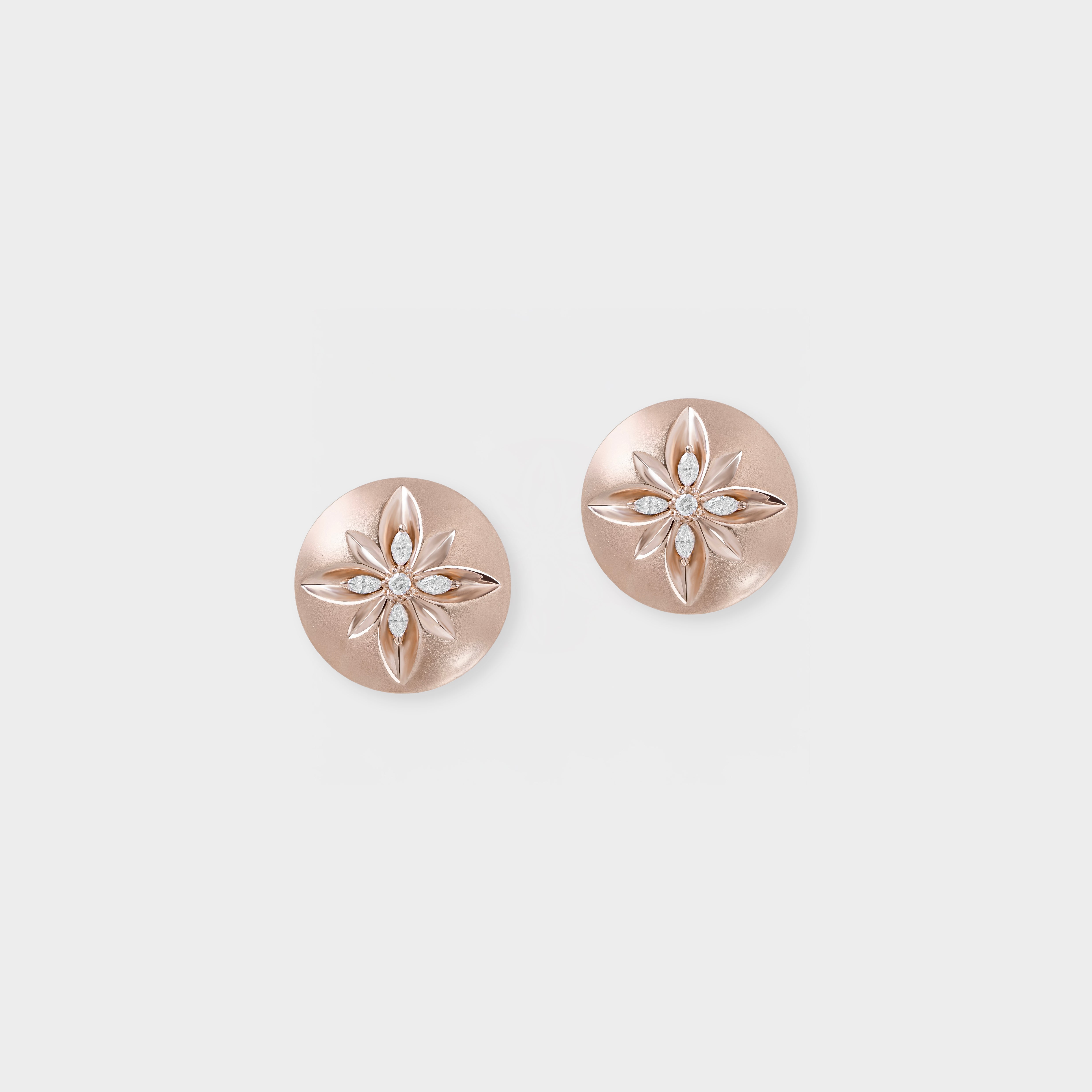 Pair of rose gold earrings with star designs on a light gray background
